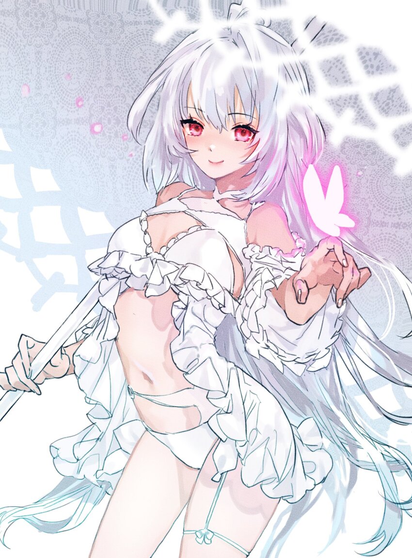 1girl bug butterfly butterfly_on_hand eyelashes fate/grand_order fate_(series) fingernails garter_straps glowing_butterfly grey_hair highres holding holding_umbrella insect lady_avalon_(fate) long_hair looking_at_viewer merlin_(fate/prototype) navel panties red_eyes revealing_clothes shiratori_yokikana smile solo umbrella underwear very_long_hair white_panties