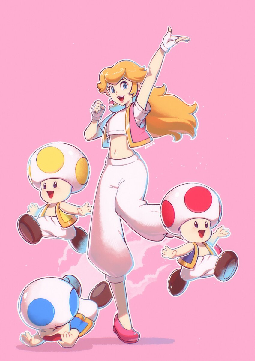 1girl 3boys alternate_costume arabian_clothes baggy_pants blonde_hair blue_eyes blue_toad_(mario) blue_vest boots brown_footwear closed_eyes cropped_shirt earrings fingerless_gloves flats gloves highres jewelry mario_(series) midriff multiple_boys navel nintendo open_clothes open_mouth open_vest pants pink_background pink_shoes pink_vest princess_peach red_toad_(mario) saiwo_(saiwoproject) shirt shoes short_sleeves simple_background sphere_earrings the_super_mario_bros._movie toad_(mario) vest white_gloves white_pants white_shirt yellow_toad_(mario) yellow_vest