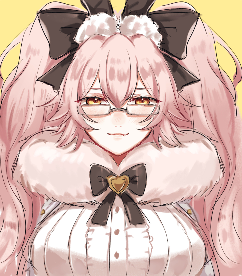 1girl absurdres animal_ear_fluff animal_ears black_bow black_bowtie blush bow bowtie breasts cinq101 coat commentary dress_shirt fang fate/grand_order fate_(series) fox_tail fur-trimmed_coat fur_trim gloves heart highres koyanskaya_(assassin)_(second_ascension)_(fate) koyanskaya_(fate) large_breasts long_hair looking_at_viewer pom_pom_(clothes) rabbit_ears shirt smile solo tail tamamo_(fate) twintails white-framed_eyewear white_shirt yellow_background yellow_eyes
