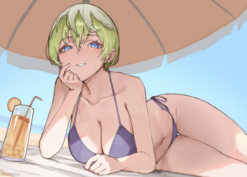 1girl beach beach_towel beach_umbrella bikini blonde_hair blue_eyes breasts cleavage drinking_straw food fruit highres izumo_tenka large_breasts looking_at_viewer mato_seihei_no_slave navel orange_(fruit) orange_slice outdoors saikiseiya short_hair smile solo swimsuit towel tropical_drink umbrella