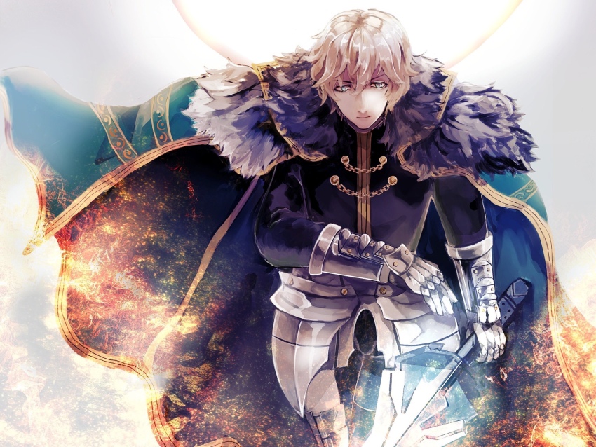 1boy armor blonde_hair blue_eyes cape excalibur_galatine_(fate) fate/grand_order fate_(series) faulds fur-trimmed_cape fur_trim gauntlets gawain_(fate) h_az_e highres holding holding_sword holding_weapon knight long_sleeves male_focus shirt short_hair solo sword weapon