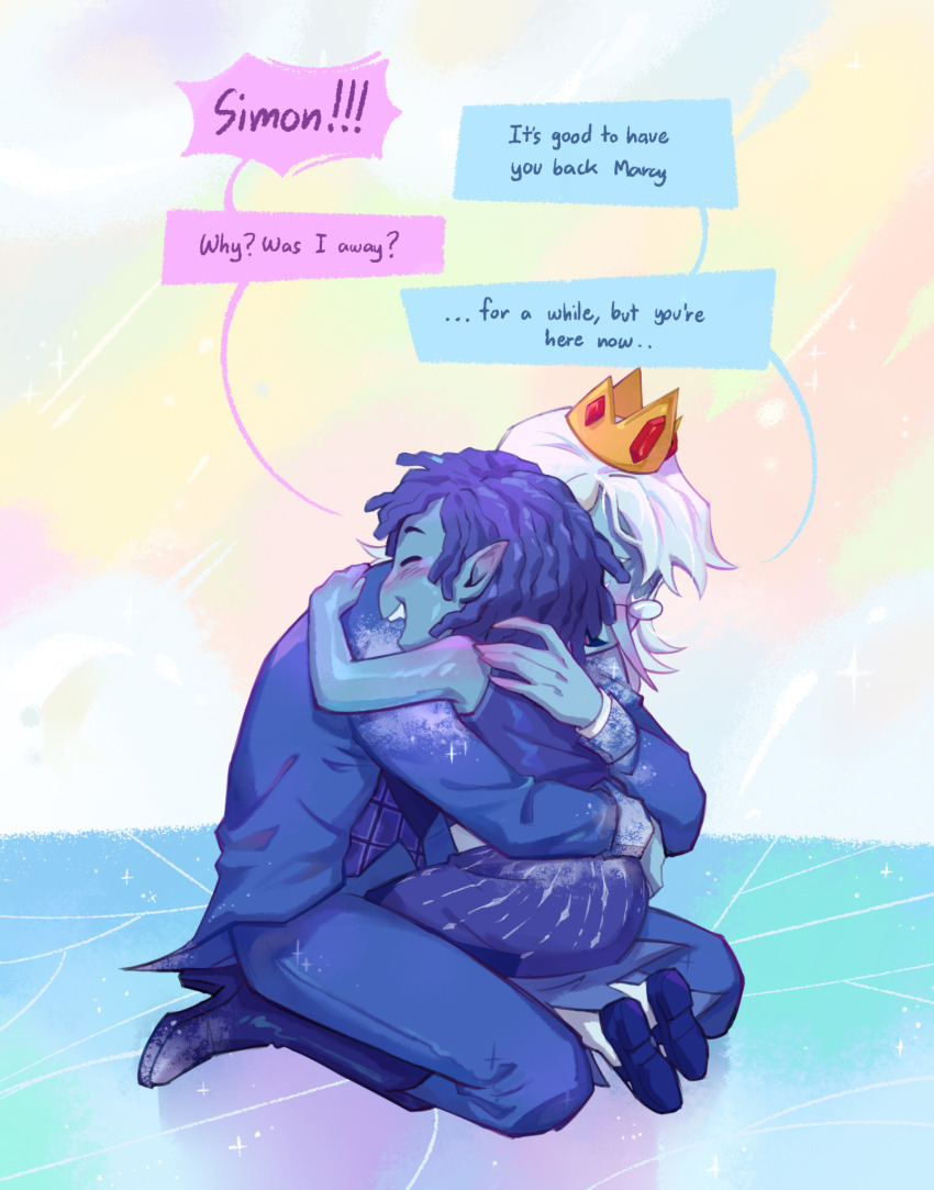 1boy 1girl adventure_time adventure_time:_fionna_and_cake blush child colored_skin crown glasses highres marceline_abadeer mebssann nose open_mouth pointy_ears smile teeth white_hair winter_king_(adventure_time)