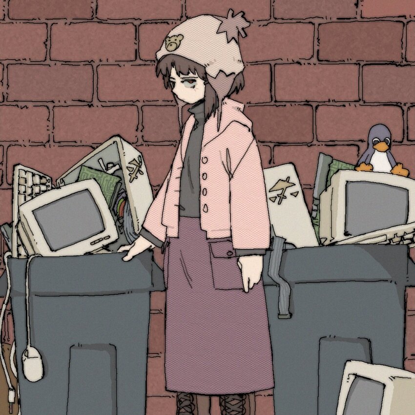 1girl asymmetrical_hair boots brick_wall brown_eyes brown_hair computer computer_mouse hat iwakura_lain jacket lace-up_boots linux long_skirt long_sleeves pantsu-ripper serial_experiments_lain short_hair skirt solo temple_os trash trash_can tux