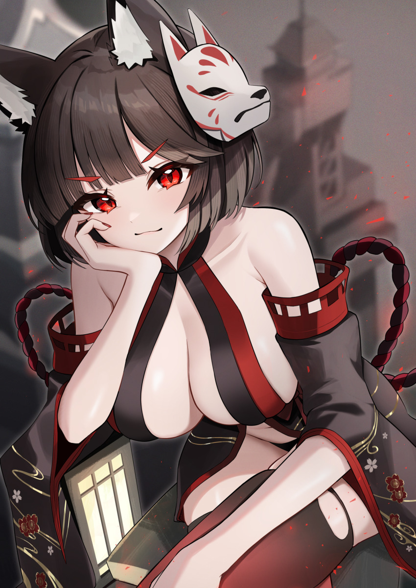 1girl absurdres animal_ears azur_lane bare_shoulders black_hair breasts detached_sleeves highres large_breasts looking_at_viewer red_eyes short_hair smile solo yamaha_tsui yamashiro_(azur_lane) yamashiro_(meta)_(azur_lane)