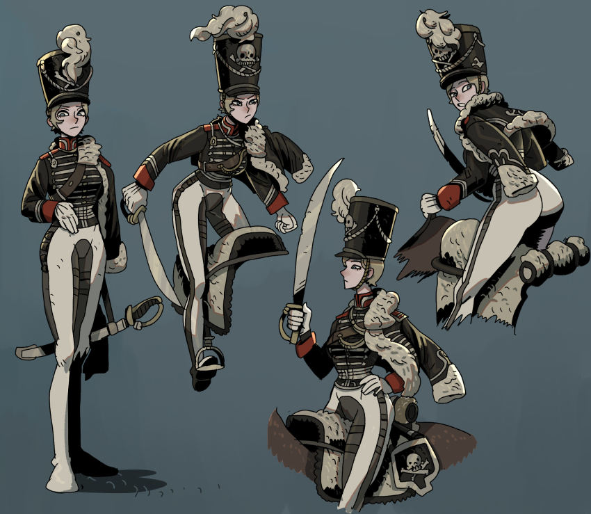 1girl ass black_hat black_jacket blonde_hair blue_background blue_eyes cavalry france french_army french_revolution fur_trim gloves hand_on_own_hip hat highres ho-uja holding holding_sword holding_weapon jacket jacket_on_shoulders korean_commentary long_sleeves looking_at_viewer military_uniform mixed-language_commentary multiple_views original pants plume saber_(weapon) saddle shako_cap short_hair simple_background skull_and_crossbones sword weapon white_gloves white_pants