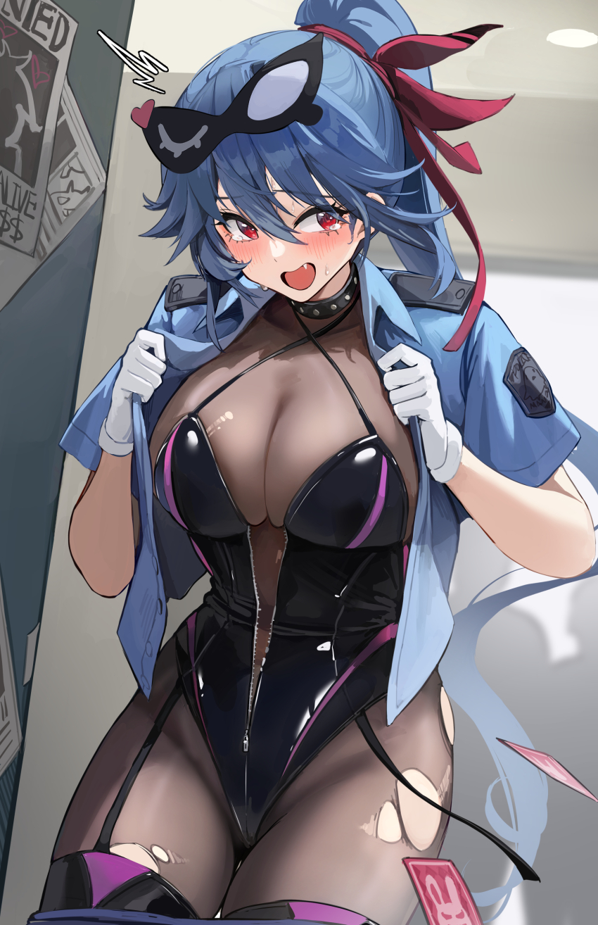 1girl 2others absurdres allen_m._sumner_(azur_lane) allen_m._sumner_(two_faces_of_justice)_(azur_lane) azur_lane black_leotard black_thighhighs blue_hair blue_shirt bodystocking breasts chela77 commentary eye_mask fang gloves hair_between_eyes hands_up heart high_ponytail highres indoors large_breasts leotard long_hair looking_at_viewer mask mask_on_head multiple_others open_clothes open_mouth open_shirt ponytail red_eyes red_ribbon ribbon shirt short_sleeves solo_focus sweat tearing_up thighhighs torn_clothes very_long_hair white_gloves zipper zipper_pull_tab
