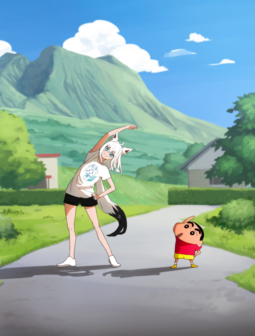 1boy 1girl animal_ears artist_request black_shorts blue_eyes blue_sky bush cloud crayon_shin-chan exercising fox_ears fox_girl fox_tail grass highres hill hololive hololive_gamers long_hair mountain nohara_shinnosuke print_shirt red_shirt road rural shirakami_fubuki shirt shorts sky source_request stretching sukonbu_(shirakami_fubuki) tail tree virtual_youtuber white_hair white_tail yellow_shorts