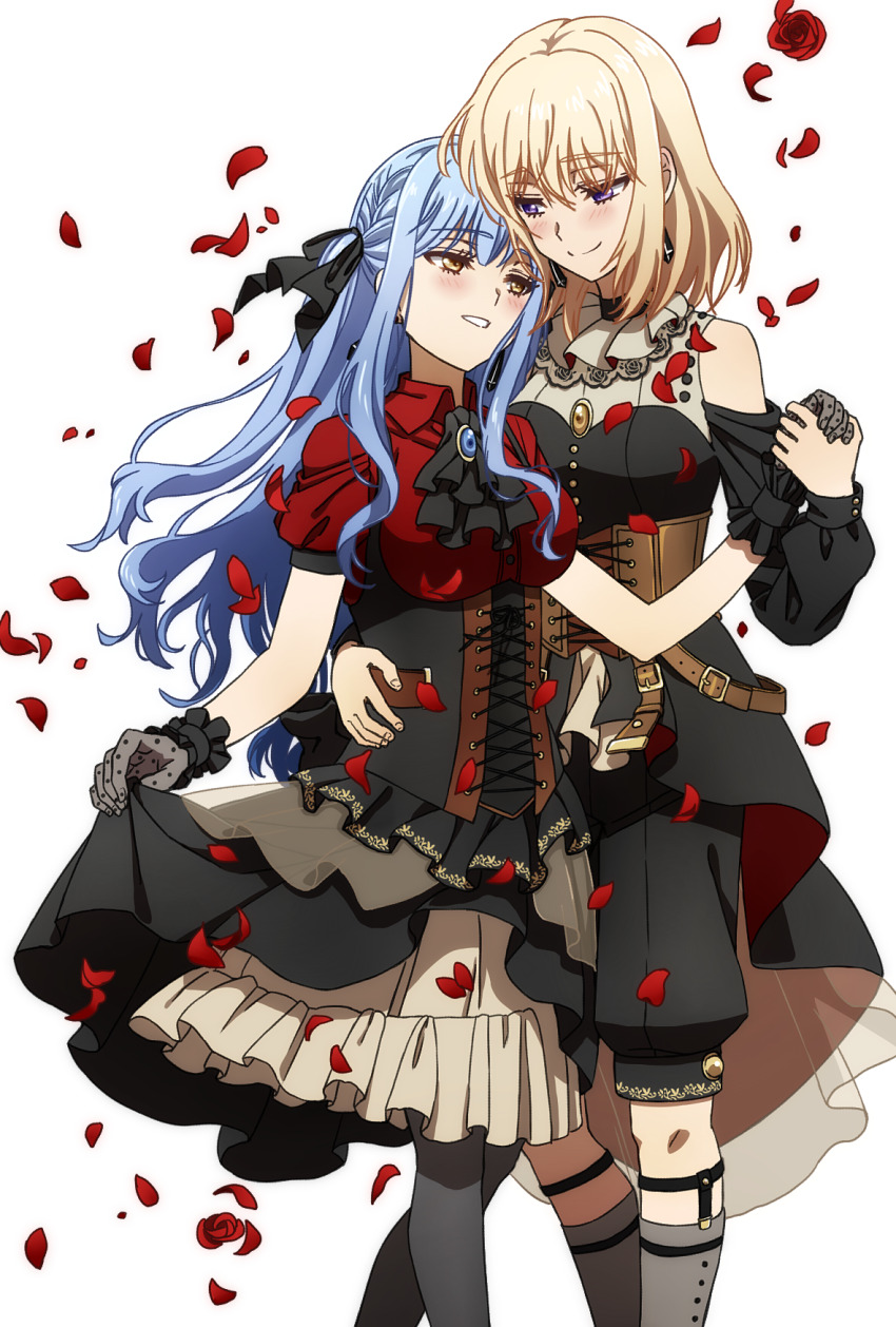 2girls ascot bang_dream! bang_dream!_it&#039;s_mygo!!!!! black_ascot black_dress black_gloves black_ribbon black_shorts black_skirt blonde_hair blue_hair breasts closed_mouth clothing_cutout collared_shirt commentary doloris_(bang_dream!) dress earrings falling_petals feet_out_of_frame gloves hair_ribbon hand_on_another&#039;s_waist heads_together highres holding_hands jewelry large_breasts long_hair medium_hair misumi_uika multiple_girls oblivionis_(bang_dream!) oiun parted_lips petals purple_eyes red_shirt ribbon rose_petals shirt short_sleeves shorts shoulder_cutout simple_background skirt skirt_hold smile togawa_sakiko two_side_up white_background yellow_eyes yuri