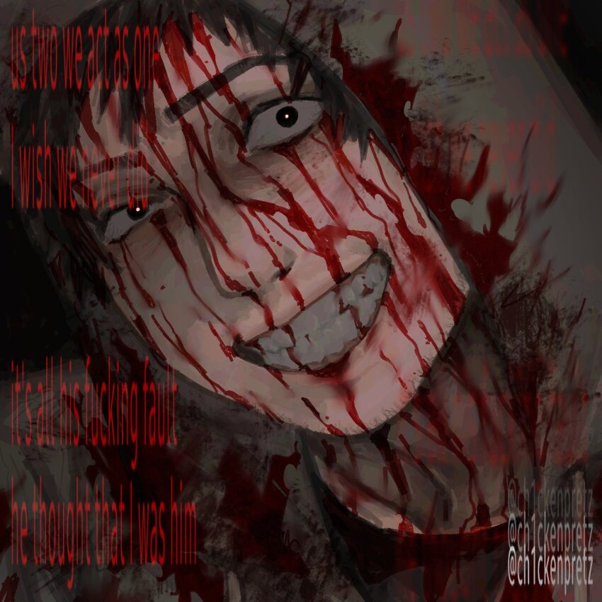 1boy black_background black_shirt bleeding blood blood_drip blood_on_clothes blood_on_face blood_on_mouth blood_on_teeth ch1ckenpretz crazy_eyes cry_of_fear english_text grey_hoodie grin head_tilt highres hood hood_up hoodie male_focus nosebleed shirt simon_henriksson_(book) smile solo sparkling_eyes teeth wide-eyed