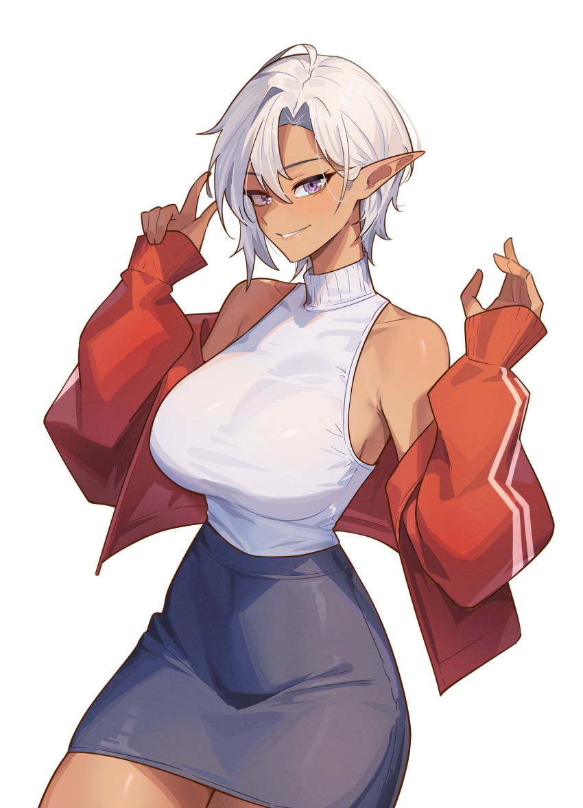 1girl ahoge bare_shoulders black_skirt breasts covered_collarbone cowboy_shot curvy dark-skinned_female dark_skin grin highres huge_breasts jacket kyana_(nokaa_aru) large_breasts looking_at_viewer looking_back narrow_waist nokaa_aru open_clothes open_jacket original pencil_skirt pointy_ears purple_eyes red_jacket shirt short_hair sideboob simple_background skirt sleeveless sleeveless_sweater sleeveless_turtleneck smile solo sweater sweater_tucked_in tan taut_sweater turtleneck turtleneck_sweater white_background white_hair white_shirt white_sweater wide_hips