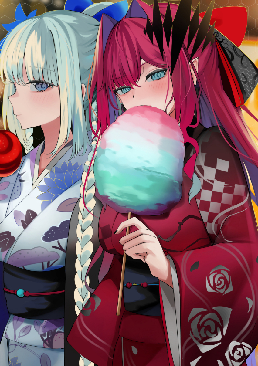 2girls absurdres baobhan_sith_(fate) blue_eyes bow breasts cotton_candy fate/grand_order fate_(series) food grey_hair hair_bow highres holding holding_cotton_candy holding_food japanese_clothes kimono large_breasts long_hair long_sleeves looking_at_viewer morgan_le_fay_(fate) morgan_le_fay_(fgo_fes._2023)_(fate) multiple_girls obi pink_hair pointy_ears ponytail red_kimono san_(harutuki_3) sash sidelocks tiara very_long_hair white_kimono wide_sleeves