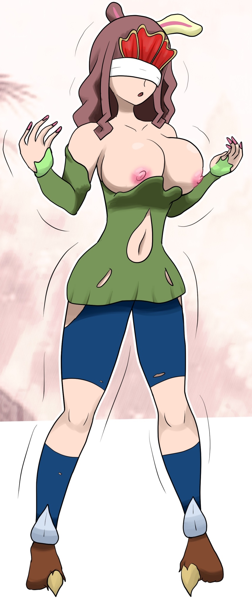 absurdres blindfold breast_expansion breasts breasts_out brown_hair covered_eyes digimon digimon_ghost_game fingernails highres mask mask_on_head nail_polish navel nipples rabbit_ears surprised thatfreakgivz third-party_edit tiara torn_clothes transformation tsukiyono_ruli