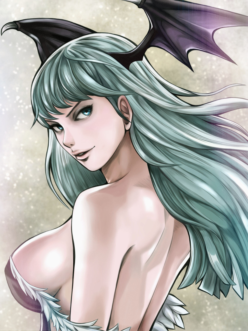 1girl aqua_eyes backless_outfit bare_back bare_shoulders black_leotard breasts darkstalkers demon_girl female_focus from_behind fur_trim green_hair head_wings highres large_breasts leotard lips long_hair looking_back morrigan_aensland nose portrait sideboob solo strapless strapless_leotard to-ru wings