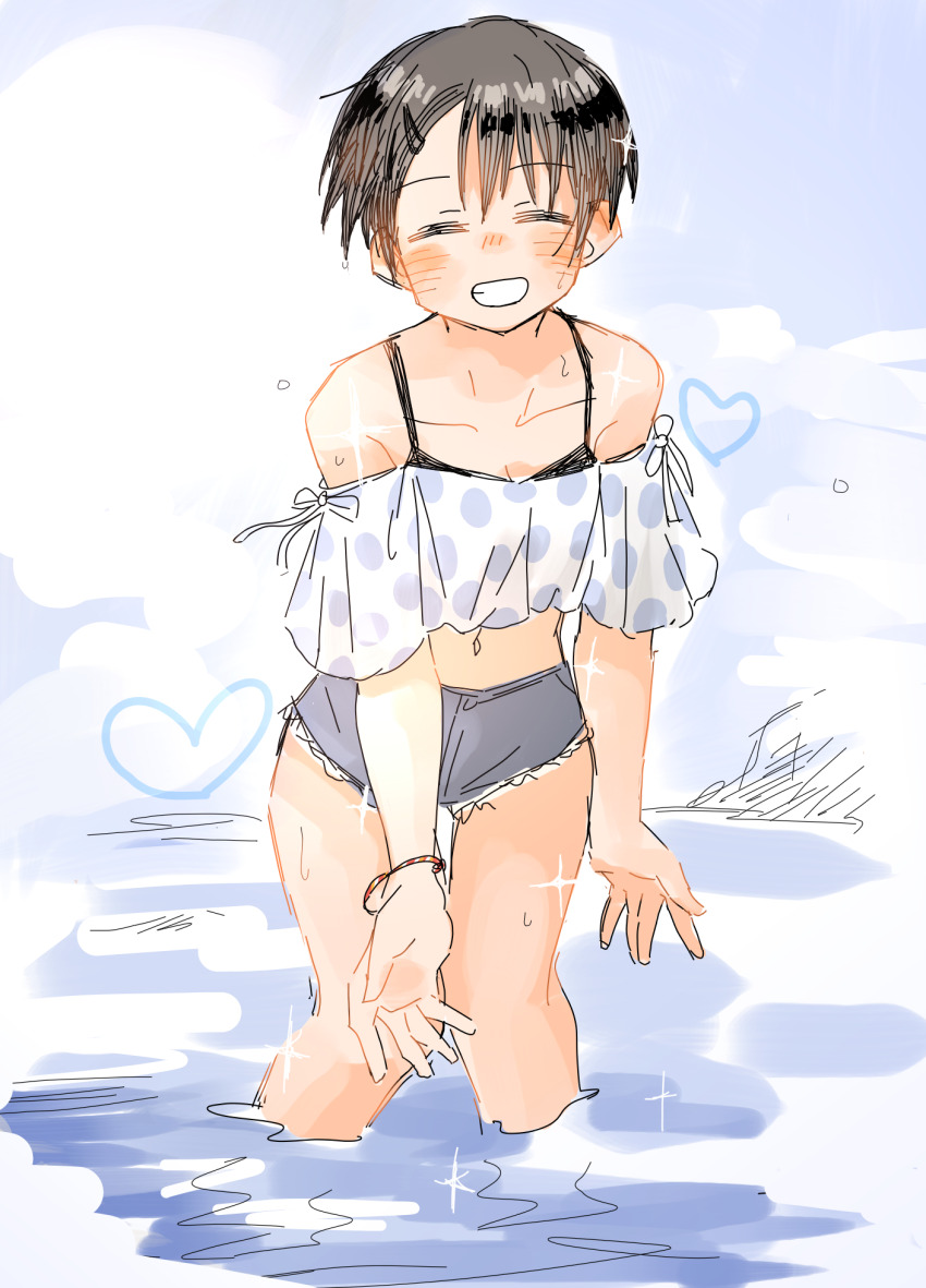 1girl =_= bikini bikini_top_only black_bikini black_hair blush closed_eyes collarbone commentary denim denim_shorts grin heart highres ishikawa_kazuki_(kaju_4) kaju_4 navel ocean original outdoors parted_bangs polka_dot polka_dot_bikini ruffle_bikini short_hair short_shorts shorts smile swimsuit tomboy wading
