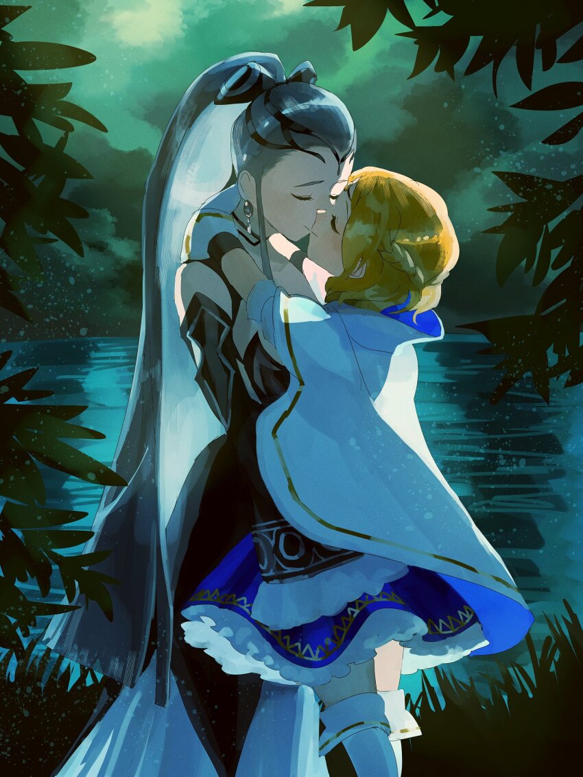 2girls black_choker black_dress black_tiara blonde_hair boots braid cape choker closed_eyes commission commissioner_upload dress earrings eir_(fire_emblem) fire_emblem fire_emblem_heroes fire_emblem_warriors forest frilled_skirt frilled_sleeves frills fusenryo gold_tiara grass highres jewelry kiss lake lianna_(fire_emblem) long_hair long_sleeves multiple_girls nature nintendo ponytail short_hair sidelocks skirt thigh_boots tiara very_long_hair water white_dress white_hair yuri