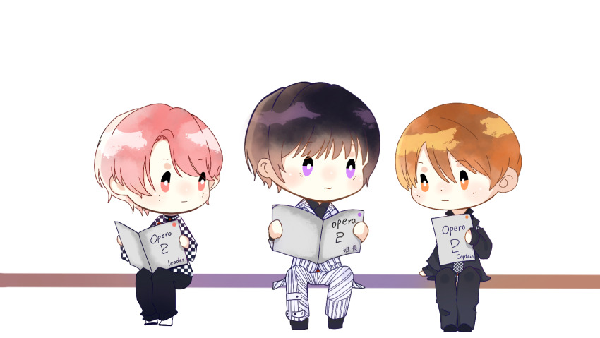 3boys argyle_clothes argyle_necktie belt black_footwear black_hair black_jacket black_necktie black_pants black_shirt black_sleeves checkered_clothes checkered_shirt checkered_sleeves chibi chinese_commentary collared_jacket collared_shirt commentary_request detached_sleeves expressionless formal_clothes freckles fukazawa_tatsuya full_body highres holding holding_paper jacket lapels light_blush long_sleeves looking_at_another male_focus mukai_kouji multiple_boys music necktie notched_lapels orange_eyes orange_hair pants paper pink_eyes pink_hair purple_eyes qingzhao_stella reading real_life red_belt sakuma_daisuke shirt shoes short_hair simple_background singing sitting snow_man_(jpop) striped_clothes striped_jacket striped_pants striped_suit suit two-tone_shirt wavy_mouth white_background white_footwear white_jacket white_pants white_shirt white_sleeves white_suit