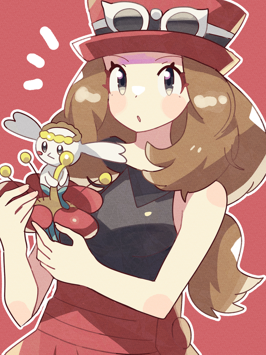 1girl :o anidler91 bare_arms bare_shoulders black_eyes black_shirt collared_shirt eyewear_on_headwear flabebe flabebe_(red_flower) flower gen_6_pokemon hat high-waist_skirt highres light_brown_hair long_hair low-tied_long_hair nintendo open_mouth outline pokemon pokemon_(creature) pokemon_xy red_background red_flower red_hat red_skirt serena_(pokemon) shirt skirt sleeveless sleeveless_shirt sunglasses white-framed_eyewear white_outline