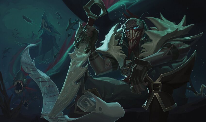 1boy bald boots bubble damongreenhalgh dark-skinned_male dark_skin fingerless_gloves fish gloves glowing glowing_eyes harpoon highres holding holding_knife holding_weapon knife league_of_legends list male_focus mask mouth_mask pants paper pyke_(league_of_legends) scar scar_on_arm scar_on_face sea_monster serrated_knife shoulder_plates underwater weapon