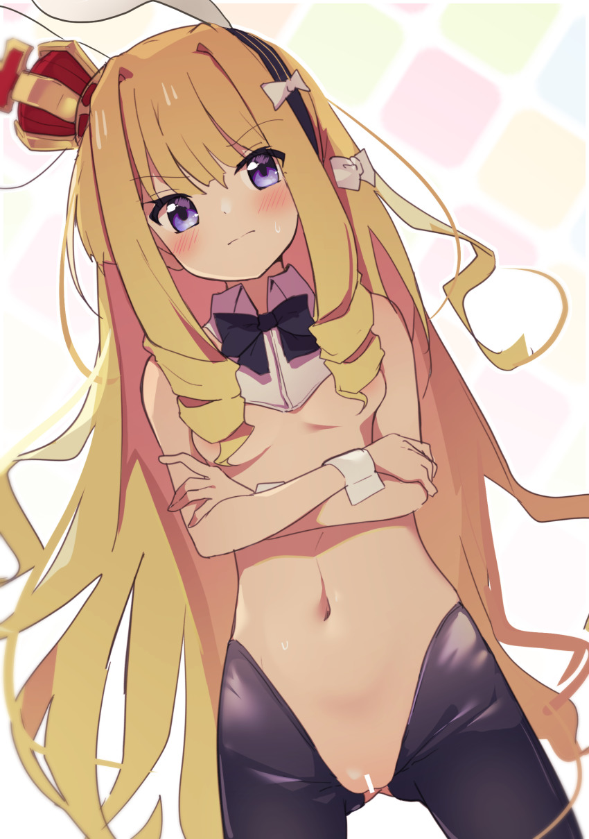 absurdres alternate_costume animal_ears areola_slip azur_lane bar_censor bare_shoulders black_bow black_bowtie blonde_hair bow bowtie breasts censored closed_mouth commentary_request crossed_arms crown detached_collar fake_animal_ears frown gluteal_fold hair_bow hair_censor hairband has_bad_revision highres long_hair meme_attire mini_crown navel purple_eyes pussy queen_elizabeth_(azur_lane) rabbit_ears reverse_bunnysuit reverse_outfit sidelocks small_breasts solo stomach suwakana sweat white_bow wrist_cuffs