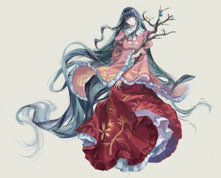 1girl absurdly_long_hair absurdres ashi_(dongshi389) black_hair branch breasts chinese_commentary closed_eyes closed_mouth commentary_request facing_viewer frilled_shirt_collar frilled_skirt frilled_sleeves frills full_body grey_background highres hime_cut holding holding_branch houraisan_kaguya jeweled_branch_of_hourai long_hair long_skirt long_sleeves pink_shirt red_skirt shirt simple_background skirt smile solo touhou very_long_hair wide_sleeves