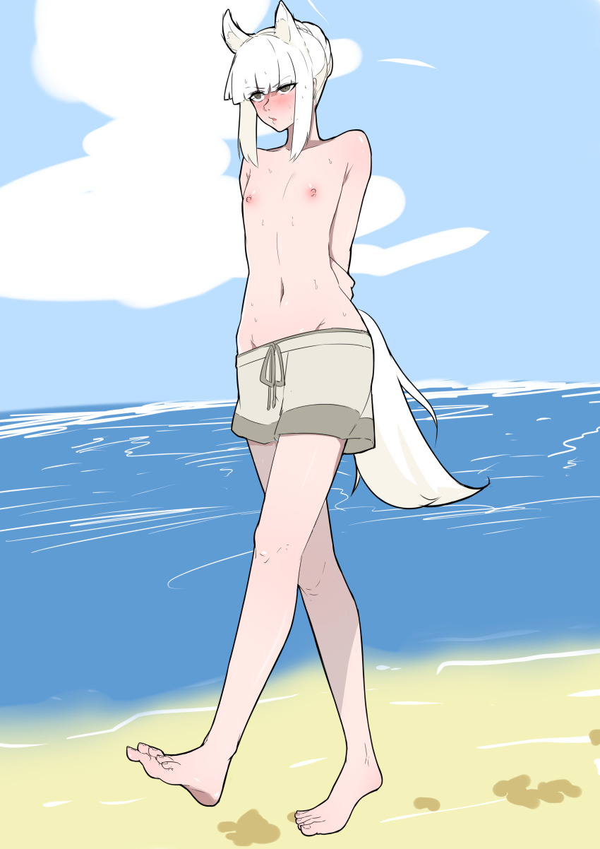1girl absurdres animal_ears arknights barefoot beach blue_sky blush brown_male_swimwear brown_swim_trunks crossdressing day drawstring enderanswer exhibitionism flat_chest full_body highres horse_ears horse_girl horse_tail male_swimwear male_swimwear_challenge nipples ocean outdoors platinum_(arknights) public_indecency sand short_hair sidelocks sky solo swim_trunks swimsuit tail tomboy topless_female water white_hair yellow_eyes