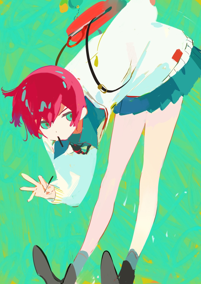 1girl absurdres amate_yuzuriha aqua_eyes bag bent_over collared_shirt ejmmnn feet_out_of_frame food food_in_mouth green_background gundam gundam_gquuuuuux highres holding holding_food holding_pocky necktie pocky pocky_in_mouth red_hair school_uniform shirt short_hair skirt solo sweater