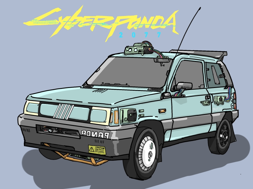blue_background blue_car cable car caution cyberpunk_(series) cyberpunk_2077 elmf fiat fiat_panda highres logo_parody motor_vehicle no_humans original parody radio_antenna shadow simple_background title_parody vehicle_focus