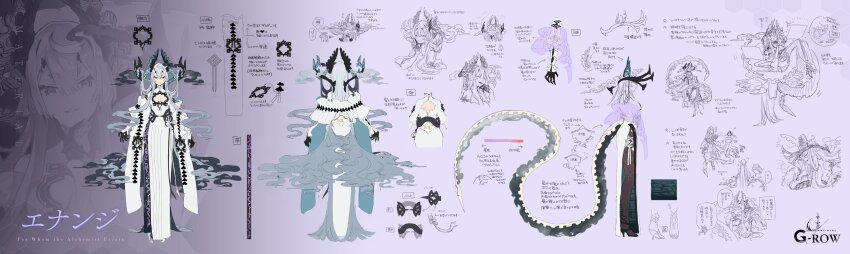 1girl absurdres center-flap_bangs character_name reference_sheet china_dress chinese_clothes commentary_request dragon_girl dragon_horns dragon_tail dress enanzi_(ta_ga_tame_no_alchemist) energy_wings from_behind from_side full_body grey_eyes grey_hair hair_between_eyes hand_on_own_chin highres horns looking_at_viewer multiple_views official_art parted_lips purple_background second-party_source simple_background standing straight-on ta_ga_tame_no_alchemist tail watarubou white_background