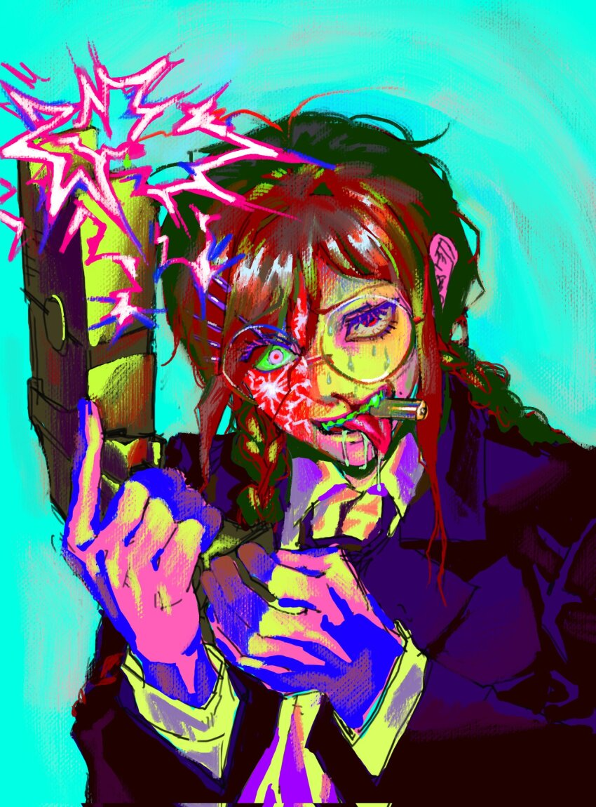 1girl aqua_background blood bloodshot_eyes braid bullet_in_mouth collared_shirt commentary_request corrupted_twitter_file danganronpa_(series) danganronpa_another_episode:_ultra_despair_girls drooling electricity formal_clothes fukawa_toko genocider_shou glasses gun hair_ornament hairclip hamuseutta hand_up heterochromia highres holding holding_gun holding_weapon jacket korean_commentary long_hair long_sleeves looking_at_viewer loose_necktie low_twin_braids messy_hair mouth_hold necktie nosebleed pink_eyes purple_jacket purple_suit red_eyes reloading round_eyewear shirt smile solo suit sweat taser tongue tongue_out trigger_discipline twin_braids uneven_eyes upper_body very_sweaty weapon yellow_shirt