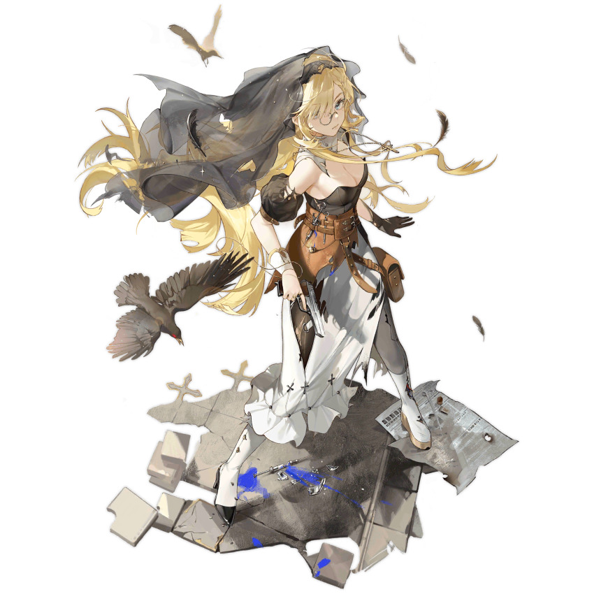 1girl asymmetrical_footwear belt_pouch bird black_corset black_gloves black_sleeves black_veil blonde_hair blue_eyes blue_liquid boots breasts broken_glass broken_ground brown_bag cleavage closed_mouth collar corset cross cross_necklace crow cz52_(crow-expelling_dark_sorceress)_(girls&#039;_frontline) cz52_(girls&#039;_frontline) cz_52 detached_collar elbow_gloves falling_feathers feathers full_body girls&#039;_frontline glass gloves gun hair_over_one_eye highres holding holding_gun holding_weapon jewelry knee_boots large_breasts long_hair long_skirt looking_at_viewer mole mole_under_eye monocle necklace newspaper official_alternate_costume official_art pouch prosthesis prosthetic_leg side_slit simple_background single_glove single_wrist_cuff skirt solo standing stone_floor surgical_scissors syringe third-party_source tool_belt torn_clothes torn_corset torn_gloves torn_skirt torn_sleeves torn_veil transparent_background trigger_discipline veil very_long_hair waist_bag weapon white_boots white_collar white_skirt white_wrist_cuffs wire wrist_cuffs xiao_chichi