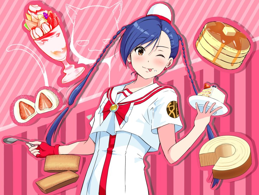 1girl :p aika_granzchesta andanden aria_(manga) asymmetrical_bangs blue_hair blush bow bowtie breasts brown_eyes cake dessert earrings eyelashes fingerless_gloves food food_on_face fruit gloves hand_up hat highres hime_granzchesta holding holding_plate holding_spoon jewelry long_hair looking_at_viewer mochi one_eye_closed pancake parfait pink_background plate red_bow red_bowtie red_gloves red_hat sailor_collar short_sleeves single_glove small_breasts solo spoon strawberry tongue tongue_out twintails two-tone_headwear upper_body white_hat