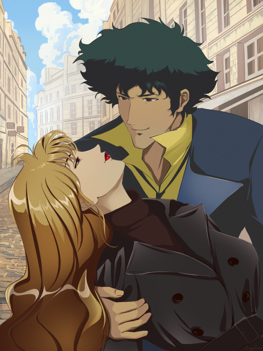 absurdres blonde_hair blue_eyes coat couple cowboy_bebop curly_hair green_eyes green_hair highres julia_(cowboy_bebop) lucyguusi spike_spiegel trench_coat