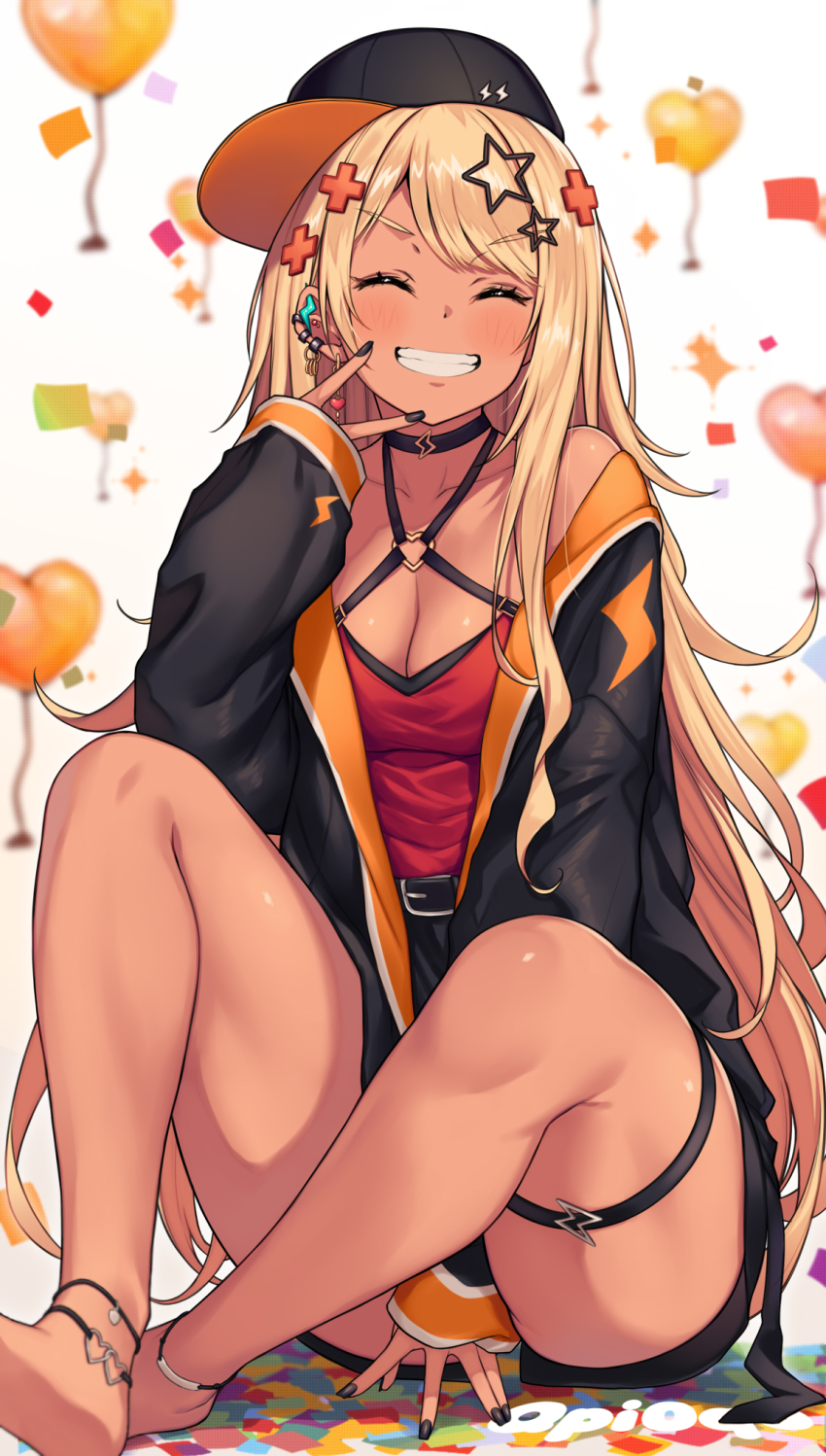 1girl amekaji_gyaru anklet arm_between_legs balloon barefoot black_choker black_headwear black_jacket blonde_hair breasts choker cleavage closed_eyes dark-skinned_female dark_skin earrings grin gyaru hair_ornament highres jacket jewelry kaminari_qpi kurebayashi_noe long_hair medium_breasts nail_polish off_shoulder sitting smile thigh_strap virtual_youtuber vspo!