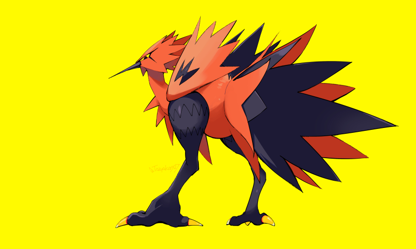 absurdres closed_mouth commentary_request galarian_form galarian_zapdos gen_8_pokemon highres legendary_pokemon looking_at_viewer looking_back nintendo no_humans pokemon pokemon_(creature) pokemon_focus simple_background solo standing taiyaka315 talons yellow_background yellow_eyes