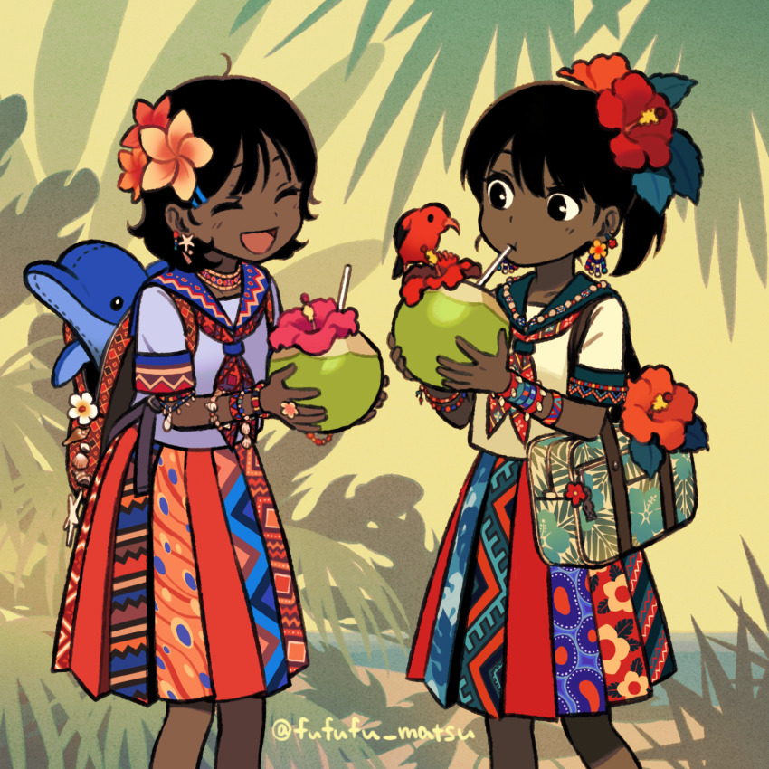 2girls backpack bag beach black_eyes black_hair coconut_cup cup dark-skinned_female dark_skin drinking feet_out_of_frame flower funuyu hair_flower hair_ornament hibiscus highres holding holding_cup multiple_girls original outdoors palm_tree school_uniform serafuku short_hair skirt standing stuffed_animal stuffed_dolphin stuffed_toy tree