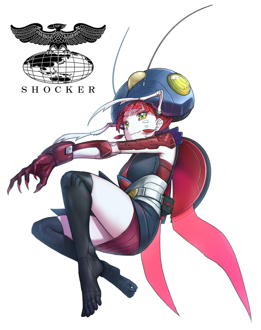 1girl antennae arthropod_girl belt belt_buckle buckle claws commentary cricket_girl cyborg earrings eidenjyou1997 english_commentary genderswap genderswap_(mtf) green_eyes guiller_koorogi highres invisible_chair jewelry kamen_rider kamen_rider_(1st_series) logo monster_girl over-kneehighs red_claws red_hair shocker_(kamen_rider) simple_background sitting solo thighhighs toes white_background white_belt
