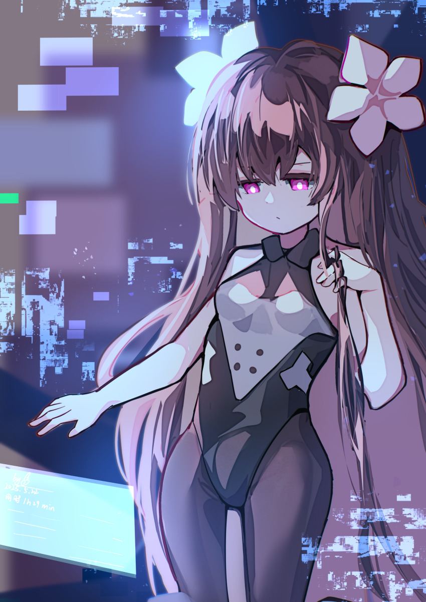 1girl abstract_background absurdres android armor bare_shoulders black_leotard blurry breastplate brown_hair depth_of_field dhy-232 flower glitch hair_between_eyes hair_flower hair_ornament highres holographic_interface leotard long_hair mon-musu_quest! mon-musu_quest:_paradox outstretched_arm pantyhose pink_flower playing_with_own_hair singularity_(mon-musu_quest!) standing very_long_hair