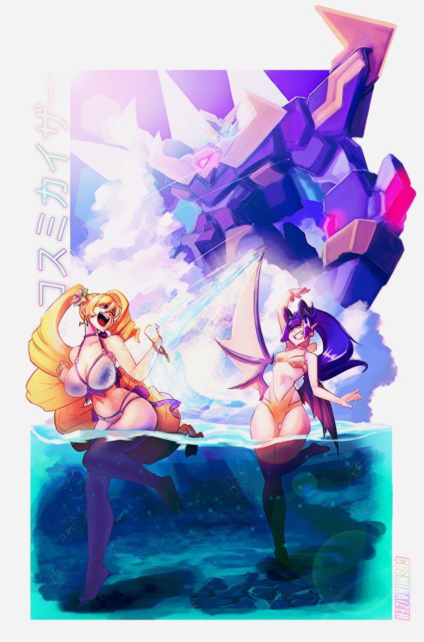 2girls absurdres artist_name bangle beach bikini blonde_hair blue_eyes blue_hair border bracelet breasts commentary cosmikaizer curvy drill_hair english_commentary high_ponytail highres horns jewelry lana_branford_(cosmikaizer) large_breasts long_hair low_wings mecha melody_goetia_(cosmikaizer) mini_wings multiple_girls navel ocean open_mouth original outdoors outside_border partially_underwater_shot ponytail purple_eyes robot small_breasts smile splashing summer super_robot swimsuit twin_drills twintails uneven_twintails v-fin very_long_hair wading water white_border wings yellow_eyes