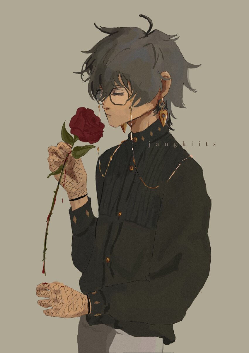 1boy artist_name black_shirt bleeding blood closed_eyes closed_mouth cowboy_shot earrings eyewear_strap fishnet_gloves fishnets flower frown glasses gloves grey_background grey_hair highres holding holding_flower ike_eveland jangkiits jewelry long_sleeves male_focus nijisanji nijisanji_en pants red_flower red_rose rose shirt simple_background solo thorns three_quarter_view virtual_youtuber white_pants