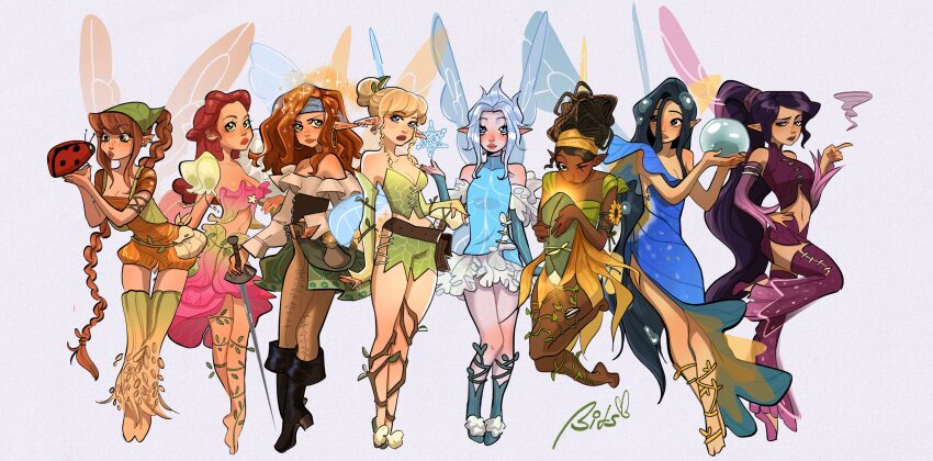 6+girls absurdres adapted_costume bitsbytits black_hair blonde_hair braid breasts brown_hair bug commentary dark-skinned_female dark_skin disney_fairies_(film_series) dress english_commentary everyone fairy fairy_wings fawn_(disney) full_body grey_background hair_bun highres insect iridessa_(disney) ladybug long_hair multiple_girls orange_hair periwinkle pirate ponytail purple_hair red_hair rosetta_(disney) short_hair siblings silvermist simple_background single_hair_bun sisters standing tinker_bell_(disney) very_dark_skin very_long_hair vidia wings zarina_(disney)