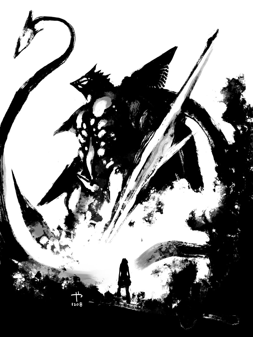 1girl absurdres anniversary arm_blade daiei_film gamera_(series) gamera_3:_revenge_of_iris highres hirasaka_ayana iris_(gamera) kaiju manabu_yashiro monochrome monster tentacles weapon