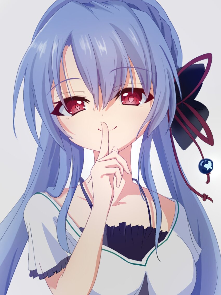 1girl black_bow blue_hair bow braid breasts casual closed_mouth commentary crown_braid eyes_visible_through_hair finger_to_mouth frilled_sleeves frills grey_background hair_between_eyes hair_bow hair_ribbon hand_up highres index_finger_raised long_hair looking_at_viewer medium_breasts red_eyes red_ribbon ribbon ringed_eyes shirt short_sleeves shushing sidelocks simple_background smile solo sorakado_ao split_mouth summer_pockets upper_body user_jvdy4345 white_shirt