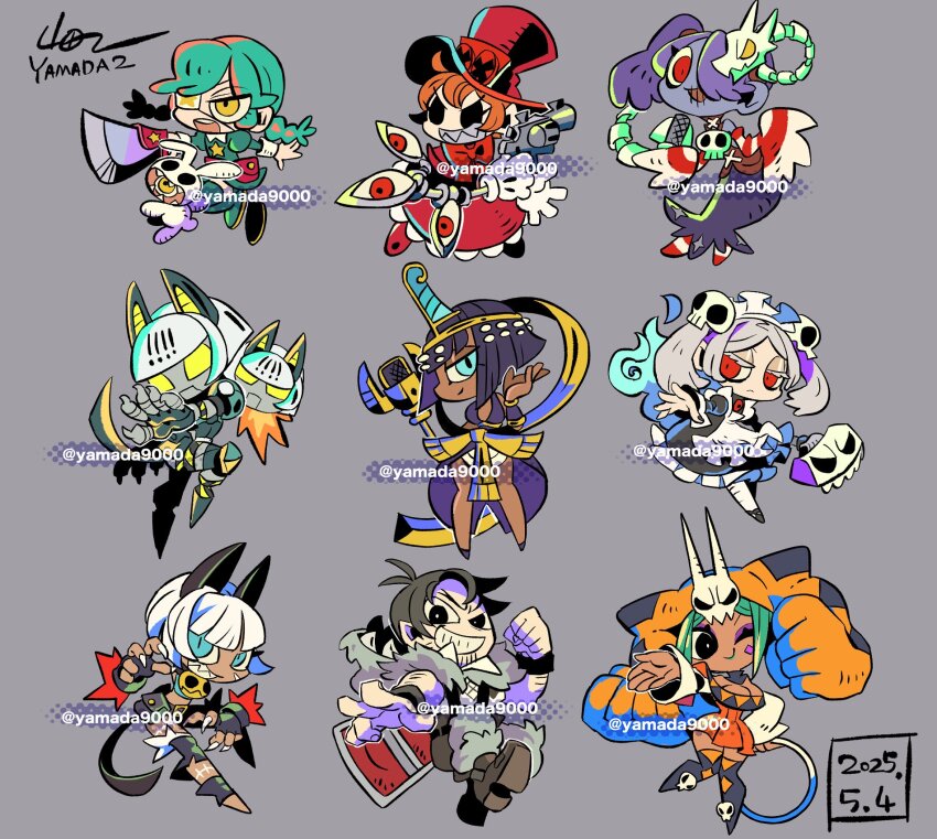 1boy 2025 6+girls android annie_(skullgirls) apron barefoot belt_buckle belt_pouch beowulf_(skullgirls) black_hair bloody_marie_(skullgirls) blue_eyes blue_hair blue_skin bob_cut boots braid buckle cerebella_(skullgirls) chair chibi claws collar colored_skin cyborg dark-skinned_female dark_skin dated detached_leggings dress eliza_(skullgirls) eyepatch facial_hair folding_chair frilled_apron frilled_dress frills full_body green_hair grey_background grey_hair grin gun hair_over_one_eye handgun hat holding holding_gun holding_sword holding_weapon long_sleeves looking_at_viewer microphone ms._fortune_(skullgirls) multiple_girls neck_bell one_eye_closed peacock_(skullgirls) pelt pouch red_eyes revolver robo-fortune sagan_(skullgirls) sharp_teeth short_dress skullgirls smile squigly_(skullgirls) stitched_mouth stitches striped_sleeves stubble sword teeth thigh_boots top_hat twin_braids vambraces vice-versa_(skullgirls) weapon wristband yamada9000 yellow_eyes zombie