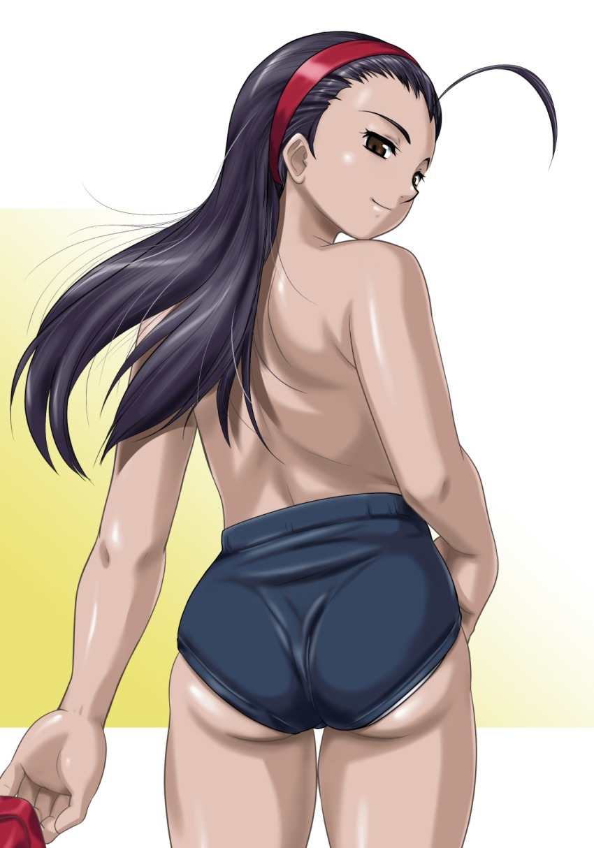 1girl ahoge ass ass_focus back black_hair brown_eyes capcom forehead gym_uniform hairband highres hinokawa_jun iinchou_(justice_gakuen) justice_gakuen long_hair looking_at_viewer looking_back shiny_skin skindentation smile thighs topless_female