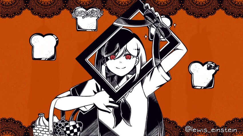 1girl arm_up artist_name banana basket bread bread_slice closed_mouth food fruit grapes holding holding_basket lewis_einstein limited_palette long_hair mari_(faraway)_(omori) mari_(omori) neckerchief omori picnic_basket red_eyes short_sleeves smile solo toast twitter_username