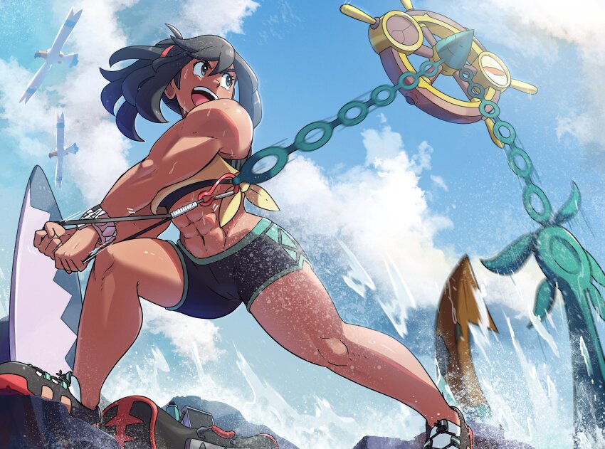 1girl abs absurdres aged_up alternate_muscle_size bike_shorts black_eyes black_hair dhelmise gen_3_pokemon gen_7_pokemon highres juno_son muscular muscular_female nintendo open_mouth outdoors pelipper pokemon pokemon_sm pulling selene_(pokemon) shoes water waves