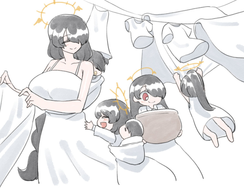 6+girls ^_^ baby basket bed_sheet black_hair blue_archive breasts child closed_eyes dress hair_over_one_eye halo hanging hinata_(blue_archive) holding holding_basket holding_sheet huge_breasts laundry_basket long_hair moonjunk multiple_girls one_eye_covered ponytail red_eyes shirt smile t-shirt very_long_hair white_background white_dress white_shirt