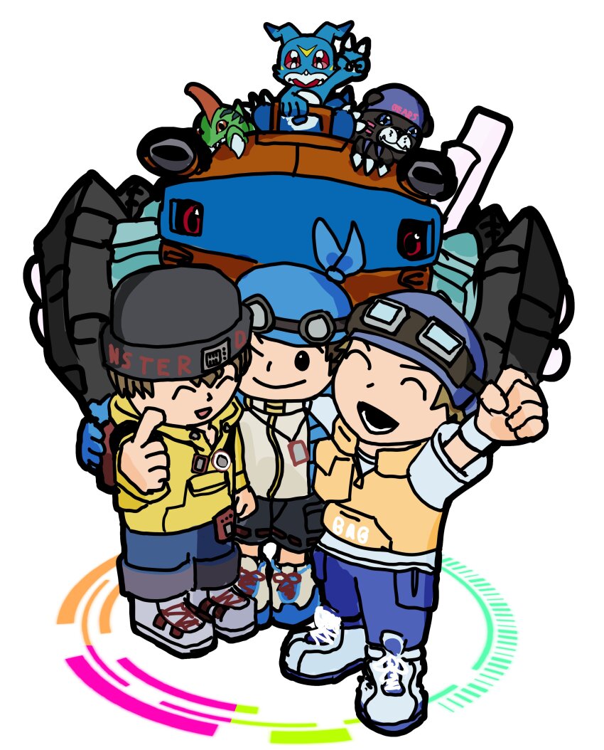 absurdres akira_(digimon_world_2) atsushi_(digimon_world_3) bandana bearmon betamon closed_eyes digibeetle digimon digimon_(creature) digimon_world digimon_world_2 digimon_world_3 goggles goggles_on_head happy hat highres mameo_(digimon) papipupepopth shorts smile v v-mon v-pet