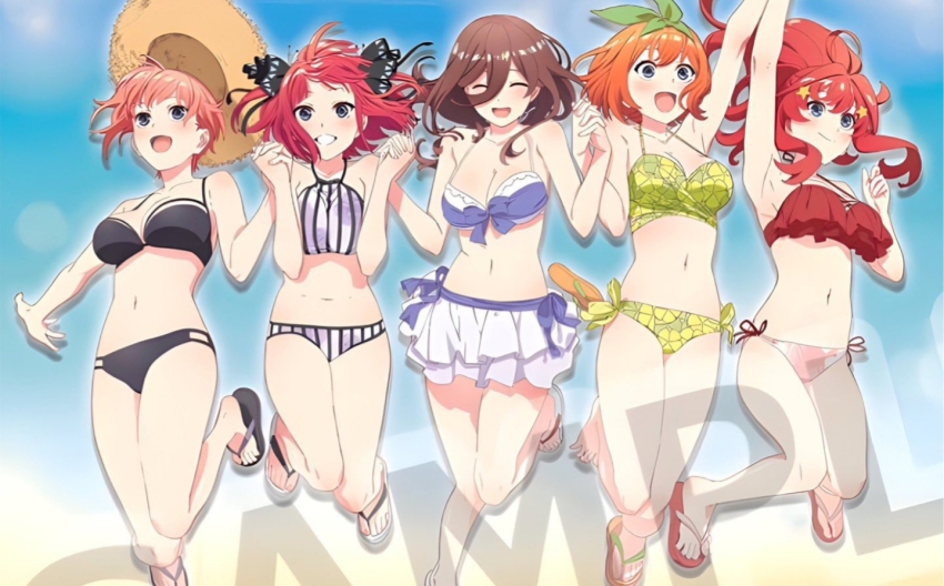 5girls ahoge arm_up armpits bare_shoulders bikini bikini_skirt black_bikini black_sandals blue_eyes blush bow breasts brown_hair brown_sandals butterfly_hair_ornament cleavage closed_eyes collarbone colored_skin dot_nose female_focus go-toubun_no_hanayome green_bikini green_bow hair_between_eyes hair_bow hair_ornament hat highres holding_hands jumping large_breasts legs long_hair midriff miniskirt multiple_girls nakano_ichika nakano_itsuki nakano_miku nakano_nino nakano_yotsuba navel official_art open_mouth orange_hair pink_hair ponytail purple_bikini quintuplets red_bikini red_hair red_sandals sandals short_hair siblings sisters skirt sleeveless smile star_(symbol) star_hair_ornament stomach straw_hat sun_hat swimsuit swimsuit_skirt teeth thighs white_bikini white_sandals white_skin