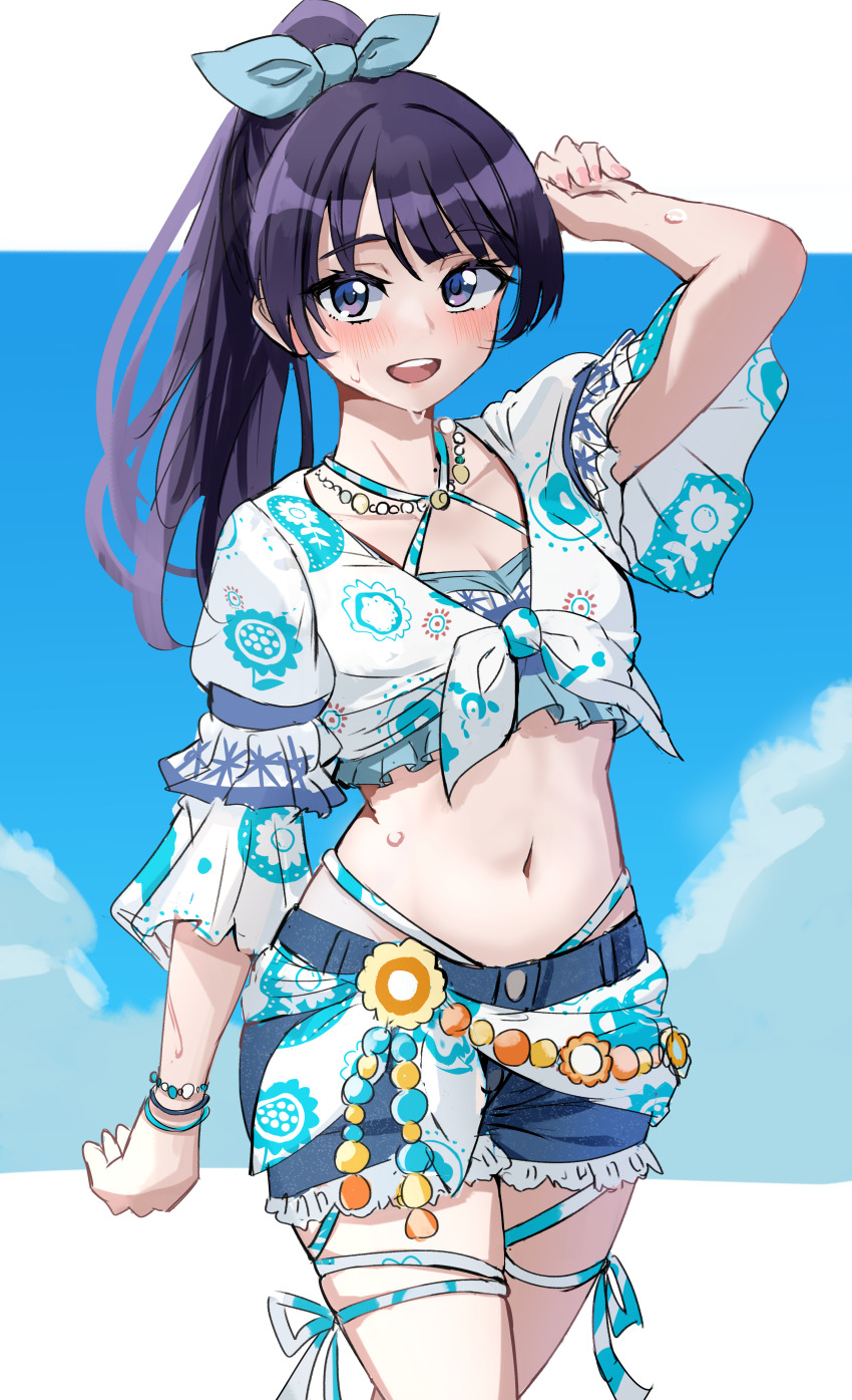 1girl :d absurdres arm_at_side arm_up blue_bow blue_eyes blue_hair blue_shorts blue_sky bow breasts cleavage cloud collarbone commentary_request cowboy_shot cropped_shirt dark_blue_hair denim denim_shorts ereka hair_bow high_ponytail highres letterboxed link!_like!_love_live! long_hair looking_at_viewer love_live! medium_breasts midriff mole mole_on_neck murano_sayaka natsumeki_pain navel official_alternate_costume official_alternate_hairstyle open_mouth outside_border ponytail shirt short_shorts shorts sky three-quarter_sleeves smile solo teeth upper_teeth_only virtual_youtuber wet white_shirt